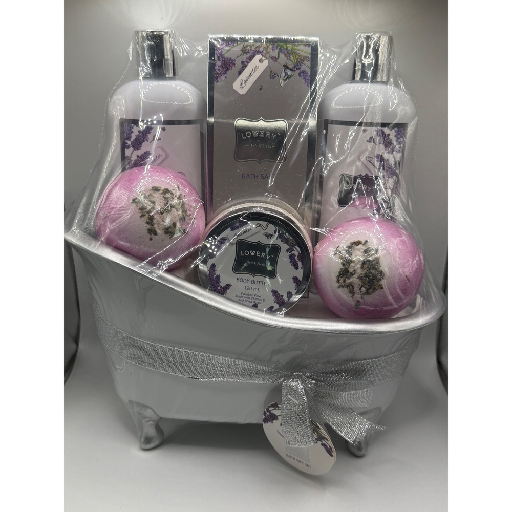 NEW Lovery Lavender Bath Gift Set Spa Kit in White Tub with Glitter Travel Bag